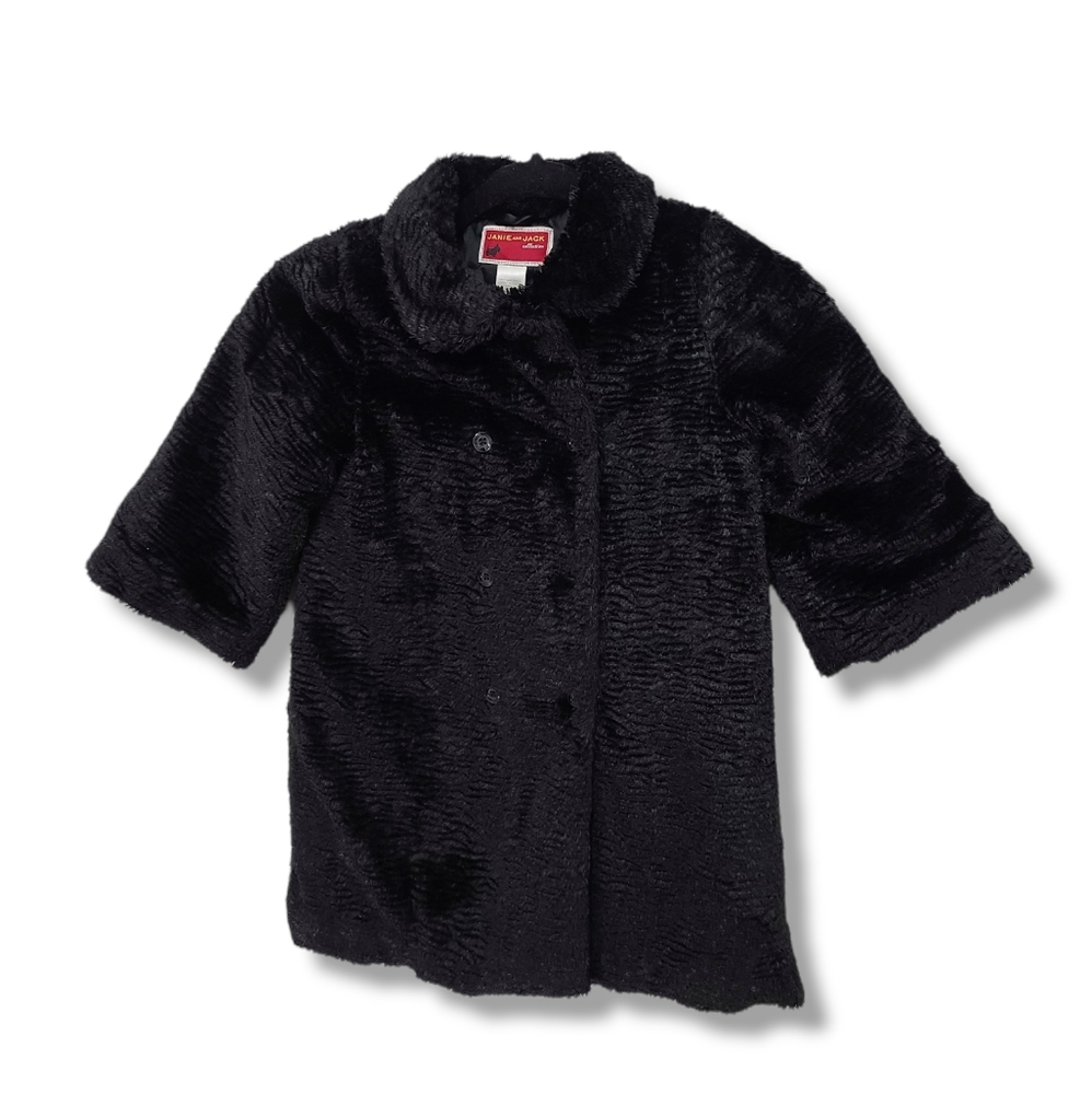 Janie and Jack NWT Sz 8 Holiday Portrait Black Faux Fur Dress Coat 3/4 Sleeves